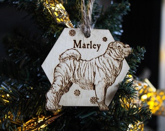 Shar Pei Personalised wooden bauble ornament dog name breed gift quirky rustic  laser wood burned ornate dog lover pet decoration