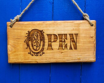 Rustic Wooden open closed sign double sided burned on wood sustainable shop signage vintage retro store handmade in Ireland solid light