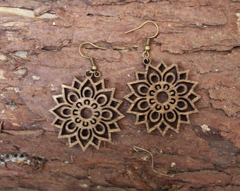 Wooden mandala earrings Wood jewellery leaves ladies women gift Burning Pyrography Handmade geometric cute rustic laser carved silver gold