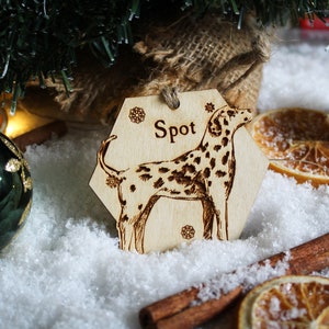 Dalmatian Personalised wooden bauble ornament dog name breed gift quirky rustic laser wood burned ornate dog lover pet decoration image 3