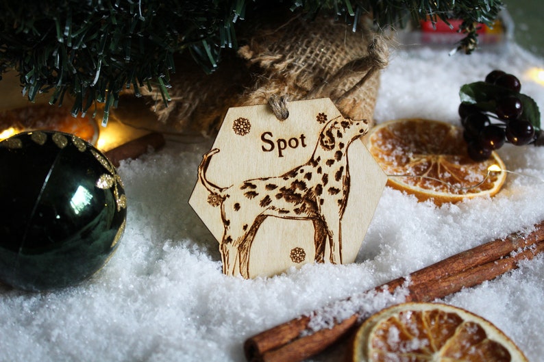 Dalmatian Personalised wooden bauble ornament dog name breed gift quirky rustic laser wood burned ornate dog lover pet decoration image 3