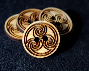 Celtic spiral wooden buttons Triskelion Wood crafts irish design Button Flair Handmade Wood Burning laser pattern craft handmade sewing knit