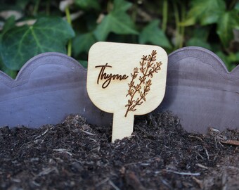 Wooden engraved herb plant stakes labels tags vegetable garden rustic wood names illustration spring planting gift veg bed unique custom