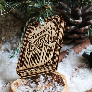 Personalised poetry book Christmas Ornament poet name writer lover Wood Bauble Laser Engraved Rustic Wooden Personalised Tree image 1