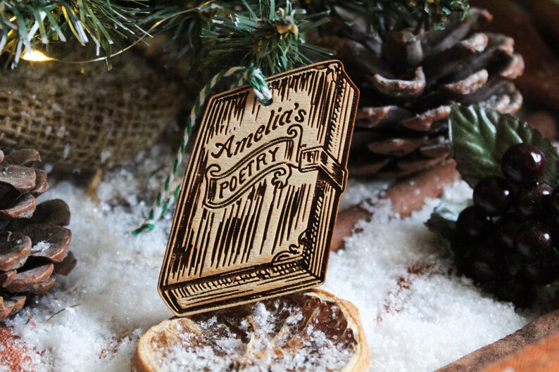 Personalised poetry book Christmas Ornament poet name writer lover Wood Bauble Laser Engraved Rustic Wooden Personalised Tree image 1