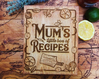 Mum's personalised recipe box wooden Pyrography keepsake mothers day treasure unique wood burned rustic kitchen food recipes gift for her