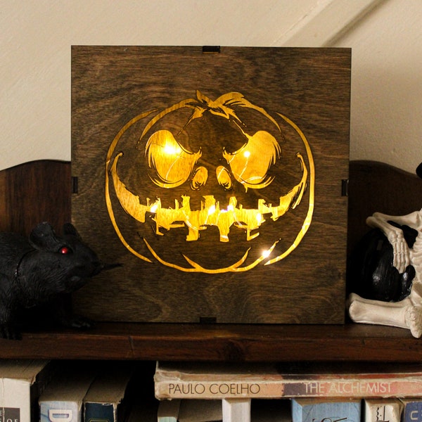 Halloween Pumpkin light box lantern scary celebrate lights Bedroom rustic wooden Pyrography Wood Burning box decoration haunted house