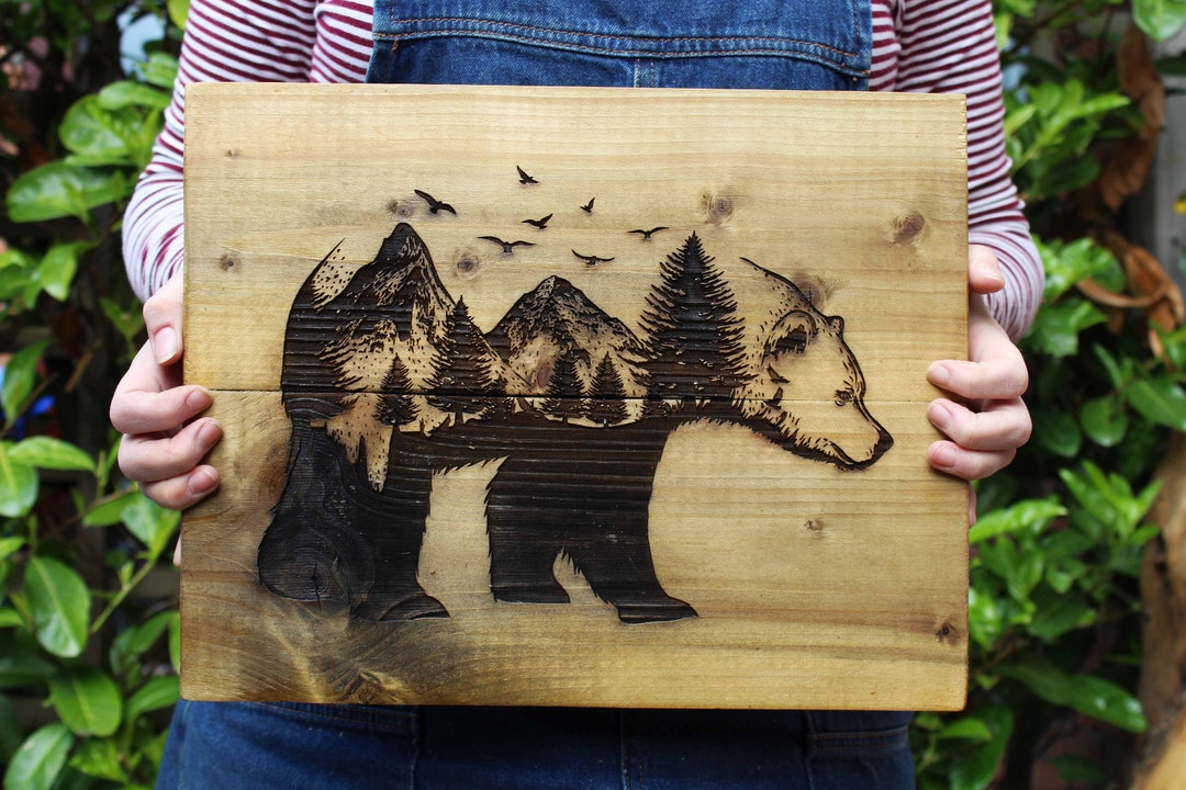 Bear Forrest Wooden Art Rustic Handmade Wood Burning Unique Poster