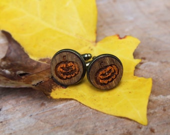 Pumpkin Cufflinks Wood Handmade Laser Engraved Unique Unusual Rustic Wedding Accessory Halloween Lantern Jack O Lantern Spooky Samhain Fun