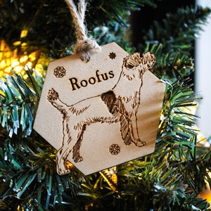 Border Terrier dog Personalised wooden bauble ornament dog name breed gift quirky rustic laser wood burned ornate dog lover pet decoration image 3
