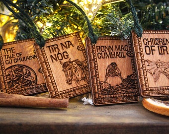 Irish Folklore Christmas tree ornament Set Wood Bauble  books mythology children of lir Wood Burning tir na nog Decoration Gaelic Irish