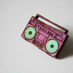 Ghetto Blaster Wooden Pin Badge music hip hop funk dj funny pin gift badge fan Flair Handmade Pyrography pins sustainable cute neon image 2