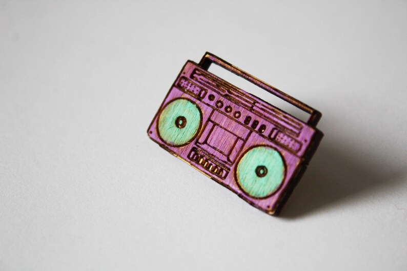 Ghetto Blaster Wooden Pin Badge music hip hop funk dj funny pin gift badge fan Flair Handmade Pyrography pins sustainable cute neon image 2