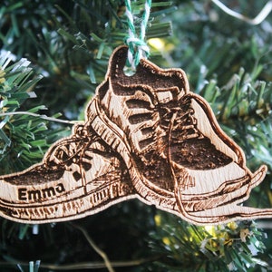 Personalised running shoes Christmas Ornament running fan fitness marathon Custom Bauble Engraved Rustic Wooden Personalised Tree Decoration