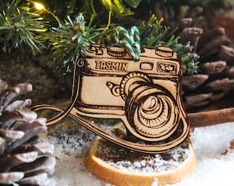 Personalised Photography Christmas Ornament Camera Wood Custom Bauble Laser Engraved Rustic Wooden Name Personalised Tree Decoration Irish