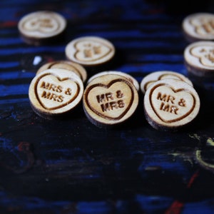 Love hearts wooden Wedding Table Confetti rustic Rustic Wooden Mr Mrs laser cut decoration scatter bags small quirky cute sweets gay wedding image 1