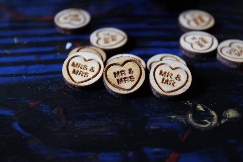 Love hearts wooden Wedding Table Confetti rustic Rustic Wooden Mr Mrs laser cut decoration scatter bags small quirky cute sweets gay wedding image 1