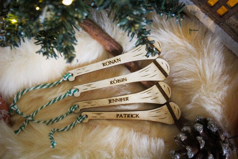 Personalised Hurl Christmas Ornament Hurling Camogie Wood Custom Bauble Laser Engrave Rustic Wooden Name Personalised Tree Decoration Irish image 3