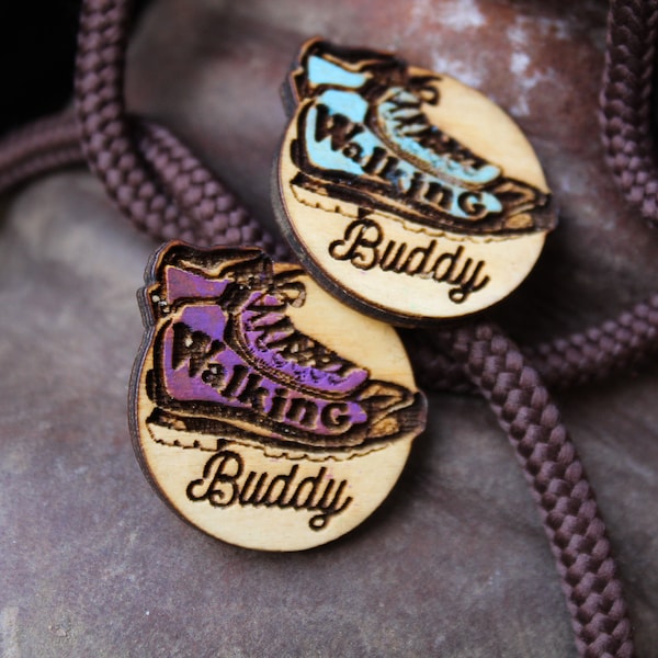 Walking Buddy Wooden Pin Badge Wood hiking gift great outdoors badge Pin Button Flair Handmade Pyrography Wood Burning mountains boots hiker