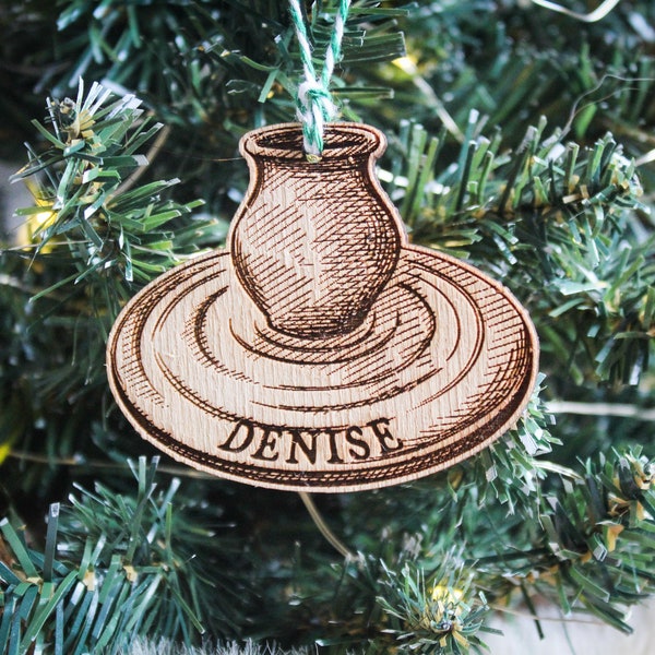 Personalised Pottery wheel Christmas Ornament clay pots crockery kiln Custom Bauble Engraved Rustic Wooden Personalised Tree Decoration