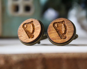 Irish harp Cufflinks Wood Handmade Laser Engraved Unique Unusual Rustic Wedding Accessory Celtic instrument irish symbol of Ireland Gaelic