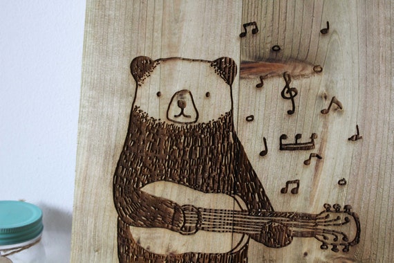 Cute Bear Wooden Art Rustic Handmade Wood Burning Unique Poster