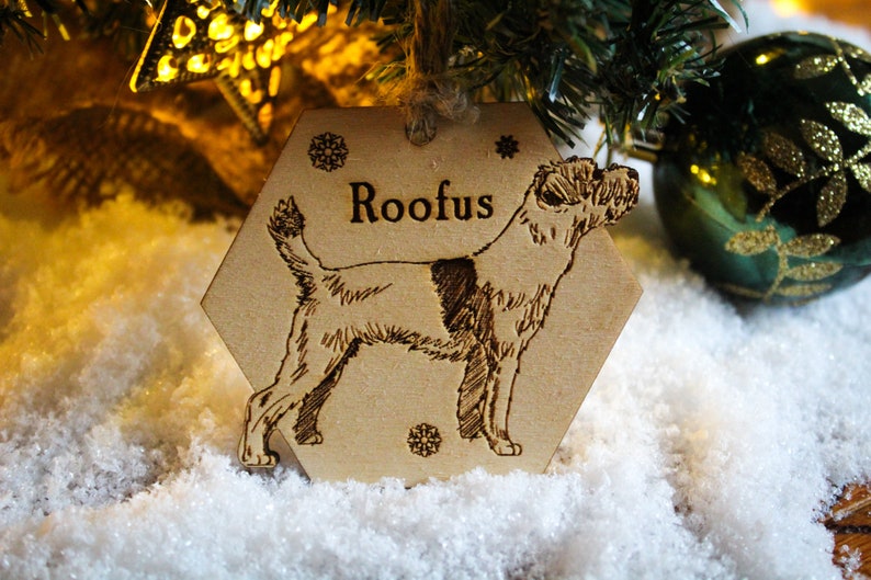 Border Terrier dog Personalised wooden bauble ornament dog name breed gift quirky rustic laser wood burned ornate dog lover pet decoration image 2