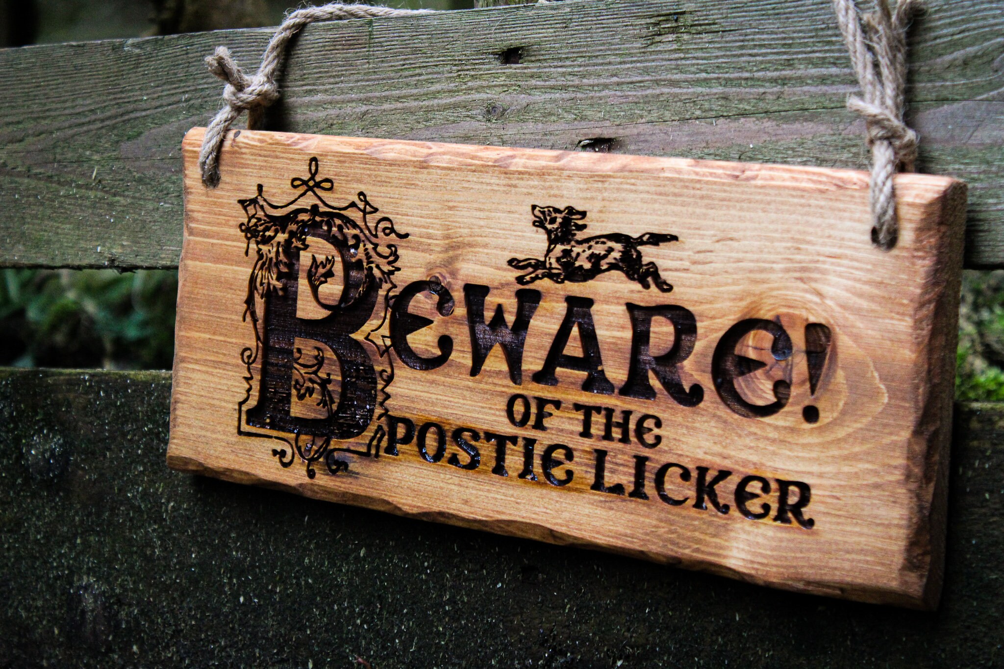 Funny Dog Wooden Sign Garden Gate Postman Warning Beware of Rustic