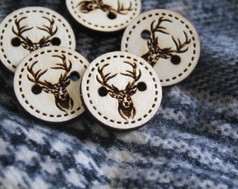 Stag Head Wooden Buttons Wood Nature Deer Animal Buttons Rustic Novelty Handmade Accessories Irish Flair Wood Cool Cute Button Patterned