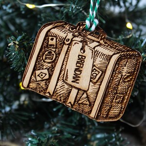 Personalised Travel Christmas Ornament Suitcase Luggage Wood Custom Bauble Laser Engraved Rustic Wooden Name Personalised Decoration Irish