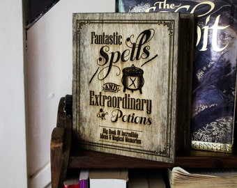 Magic spell Book Box Pyrography Case witch wizard gift books story Treasure Memory Book Box Handmade Wood Burning Rustic spells potions