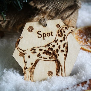 Dalmatian Personalised wooden bauble ornament dog name breed gift quirky rustic laser wood burned ornate dog lover pet decoration image 1