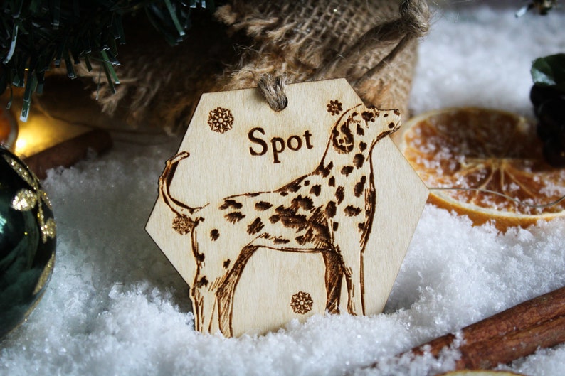 Dalmatian Personalised wooden bauble ornament dog name breed gift quirky rustic laser wood burned ornate dog lover pet decoration image 1