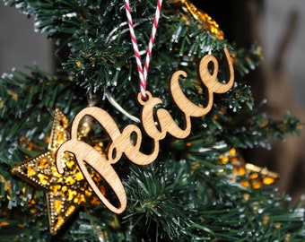 Peace christmas wooden bauble peace love gift ornament words letters unique card quirky rustic precious stocking present laser wood burned