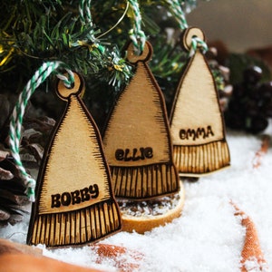 Personalised Santa hat Christmas Ornament bobble Wood Custom Bauble Laser Engrave Rustic Wooden Name Personalised Tree Decoration Irish image 4