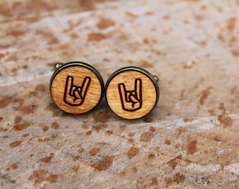 Rock Hand Cufflinks Wood Handmade Laser Engraved Unique Unusual Rustic Wedding Accessory Music Lover Rock N Roll Hard Rock Rock Out Yeah