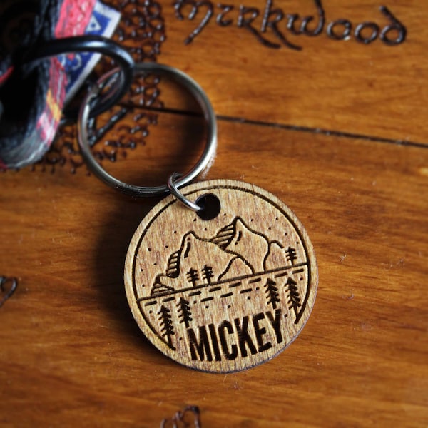 Nature dog tag wooden trees pet collar gift Wood Burning Pyrography Handmade ID tag mountain doggo name tag cute identification personnalisé