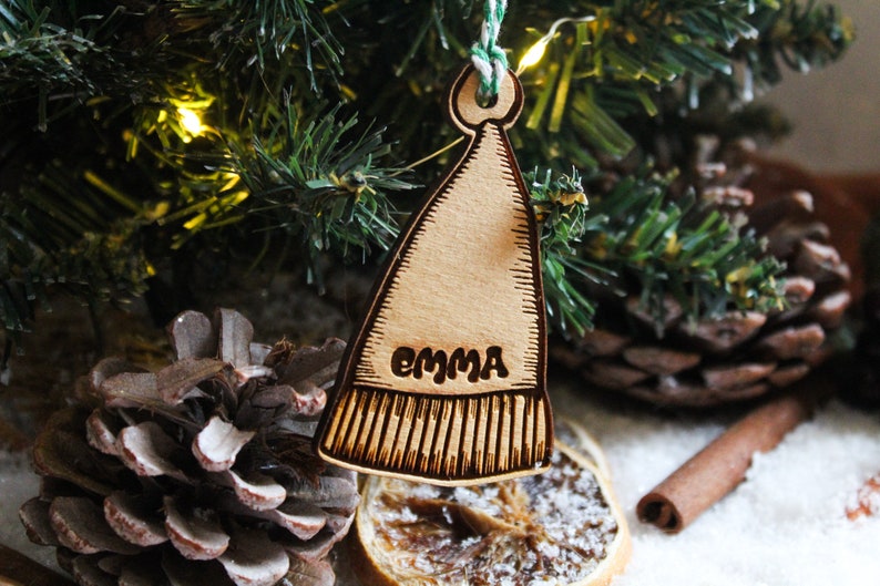 Personalised Santa hat Christmas Ornament bobble Wood Custom Bauble Laser Engrave Rustic Wooden Name Personalised Tree Decoration Irish image 2