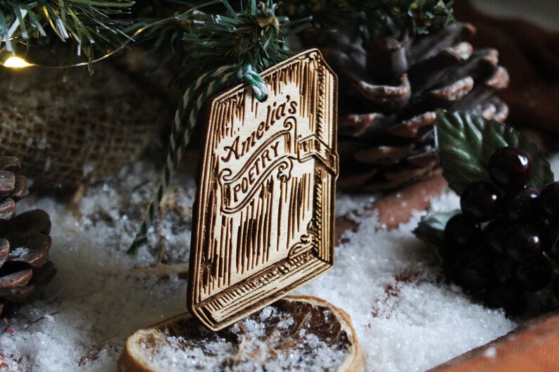 Personalised poetry book Christmas Ornament poet name writer lover Wood Bauble Laser Engraved Rustic Wooden Personalised Tree image 5