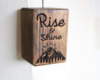 Cute Light Pull rise and shine lights sunrise nature mountains Rustic Wood shower Pyrography Burned Chunky Bathroom Vintage fun gift home