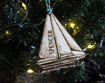 Personalised sailing boat Christmas Ornament Wood sailor captain Custom Bauble Laser Engraved Rustic Wooden Personalised Tree Decoration