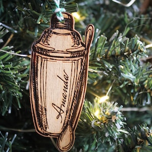 Personalised cocktail shaker Christmas Ornament cocktails bartender mixologist Custom Bauble Engraved Wooden Personalised Tree Decoration