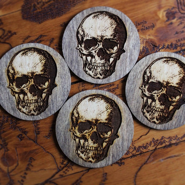 Skull wooden Coasters design gothic Wood Burning Pyrography Rustic Gift Handmade Home goth decor funky head steam punk laser cut burned gift