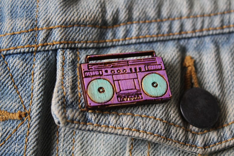 Ghetto Blaster Wooden Pin Badge music hip hop funk dj funny pin gift badge fan Flair Handmade Pyrography pins sustainable cute neon image 1