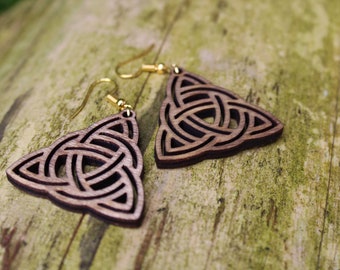 Wooden Triquetra design earrings Wood jewellery celtic ladies irish gift Burning Pyrography Handmade geometric ireland rustic laser carved