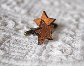 Star Cufflinks Wood Handmade Laser Engraved Unique Unusual Rustic Wedding Space Fan Astronomy Astrology Starry Night Cute Moon Night Sky