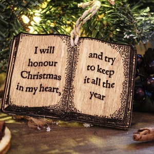 A Christmas Carol Charles Dickens Wooden Ornament Bauble Book Vintage Classic Rustic Stocking Laser I Will Honour Christmas Scrooge Honor