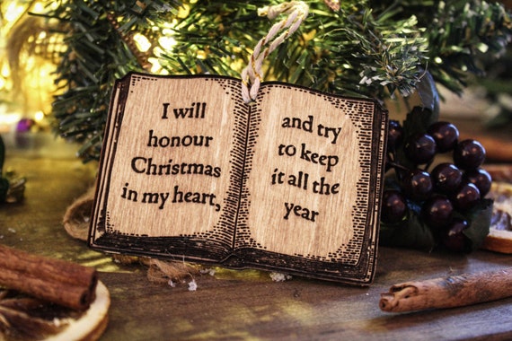 A Christmas Carol Charles Dickens Wooden Ornament Bauble Book Vintage Classic Rustic Stocking Laser I Will Honour Christmas Scrooge Honor