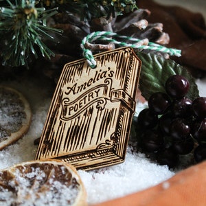 Personalised poetry book Christmas Ornament poet name writer lover Wood Bauble Laser Engraved Rustic Wooden Personalised Tree image 2