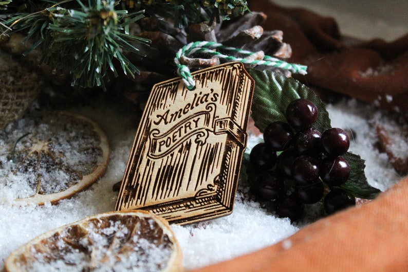 Personalised poetry book Christmas Ornament poet name writer lover Wood Bauble Laser Engraved Rustic Wooden Personalised Tree image 2